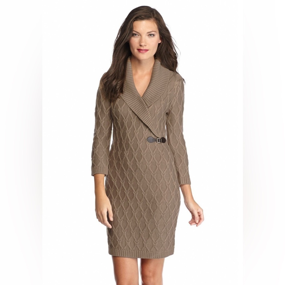 Calvin Klein Cable Knit Women's Sweater Dress Khaki Gold 3/4 Sleeves size Small